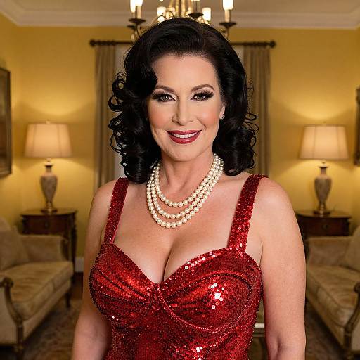 Photograph of a smiling, dark-haired woman with curled hair, wearing a red sequined dress and pearl necklace, in a warmly lit, elegant living