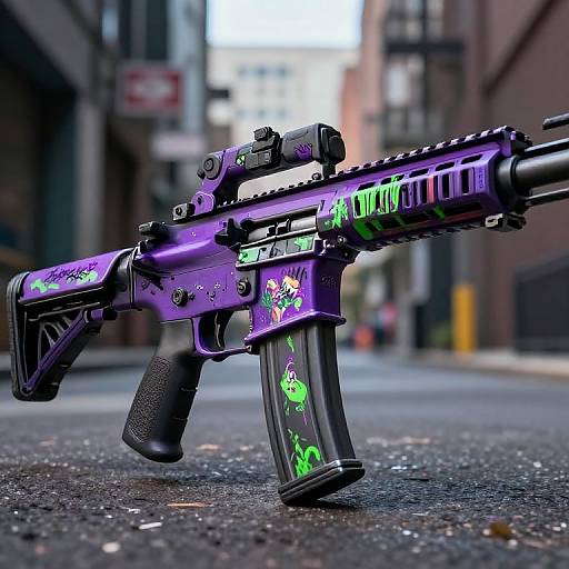 Photograph of a vivid purple and black graffiti-style assault rifle with neon green and pink details, standing on a city street with blurred urban buildings in the