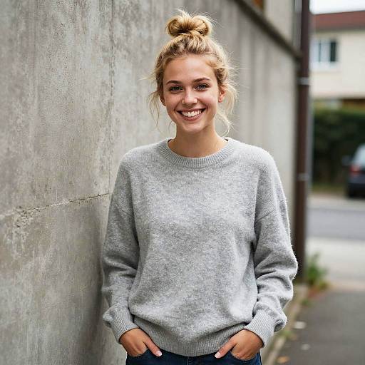 Photograph of a smiling blonde woman with a bun, wearing a gray sweater, standing against a concrete wall, hands in pockets. Urban background slightly blurred