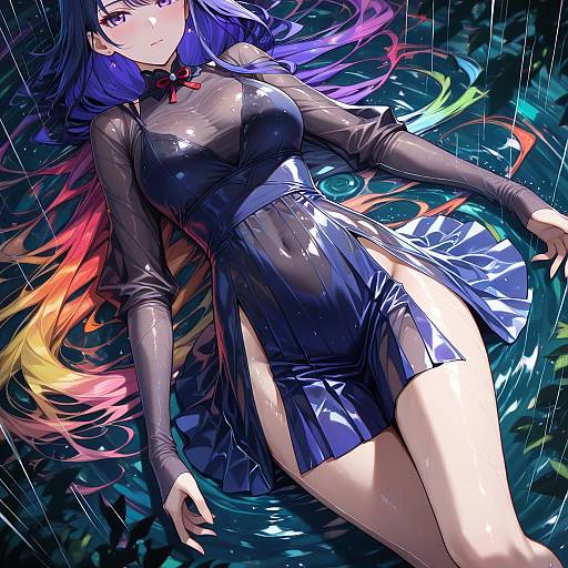 Digital anime artwork of a woman with long, rainbow-colored hair, wearing a sheer black top and shiny black skirt, lying in rain. Dark, glowing