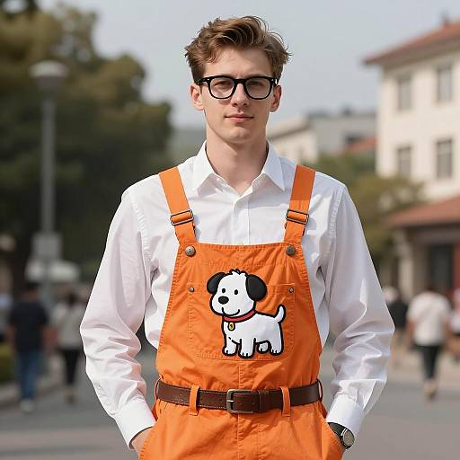 Young Man in Orange Overalls with Cartoon Dog