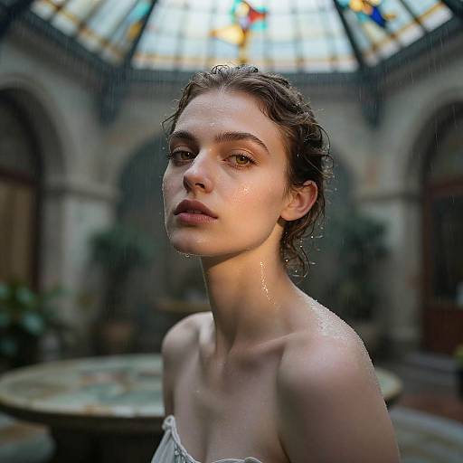 Photograph of a wet, young woman with fair skin and curly brown hair, standing in a dimly lit, stained-glass domed room,