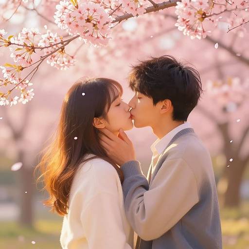 Romantic Kiss Under Cherry Blossoms