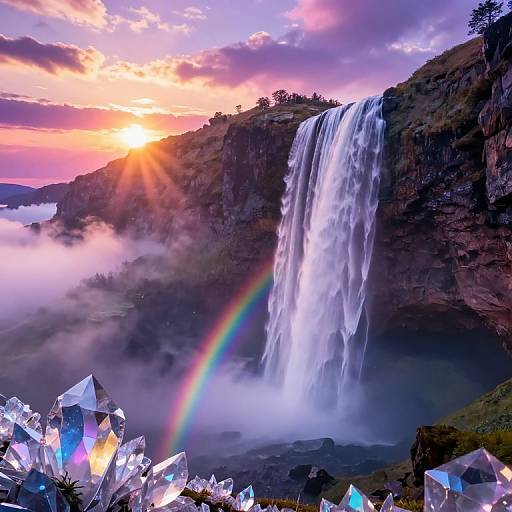 Photograph of a majestic waterfall at sunset, with a vibrant rainbow, misty clouds, crystal formations in the foreground, and a colorful sky.