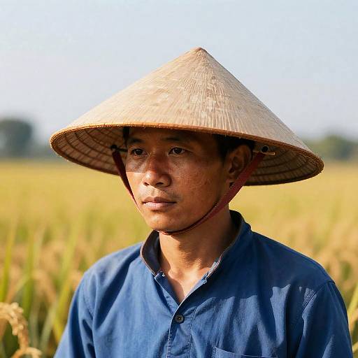 Photograph of an Asian man with tan skin, wearing a conical straw hat and blue shirt, standing in a sunlit rice field.
