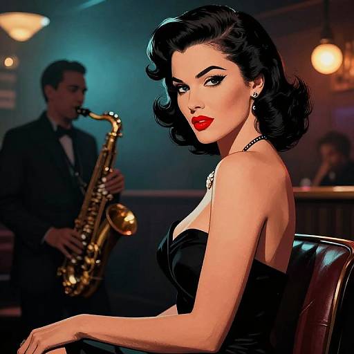 Vintage-styled digital illustration of a glamorous woman with black hair, red lipstick, and black strapless dress, seated in a dimly lit jazz club