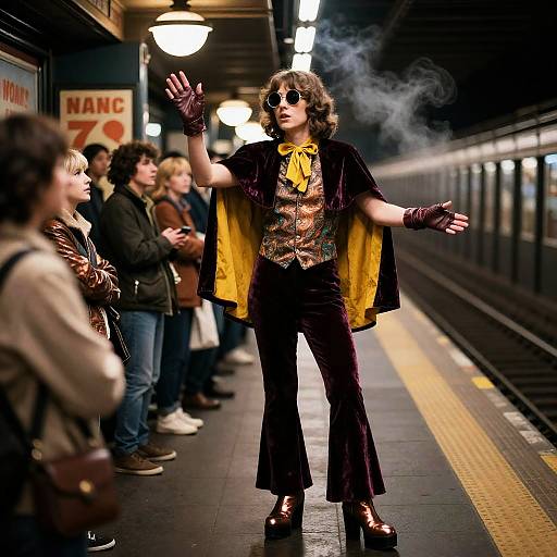 Street Magician in 70s Outfit on Subway Platform