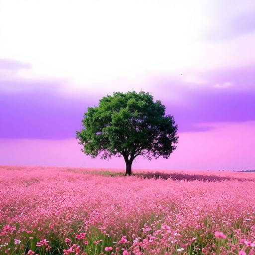 Photograph of a solitary green tree centered in a vibrant pink wildflower field, with a gradient sky transitioning from white to purple.