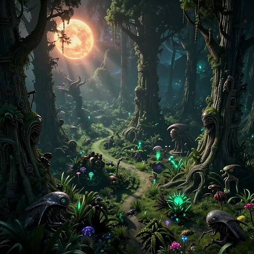 A mystical, moonlit forest scene with glowing mushrooms, bioluminescent plants, and twisted, ancient trees. A glowing path leads deeper into the