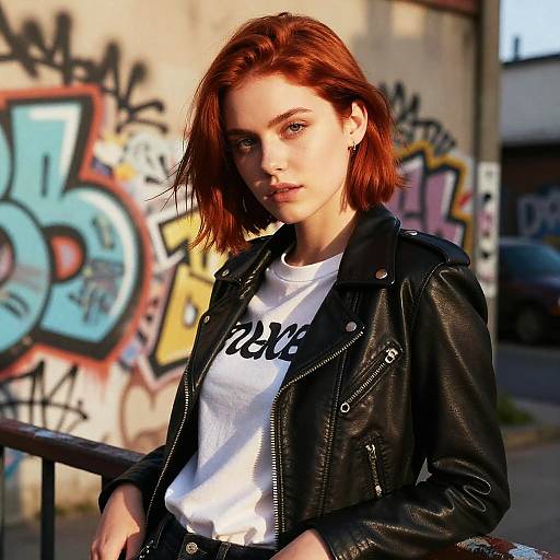 Photograph of a young white woman with red hair, wearing a black leather jacket and white t-shirt, standing in front of graffiti-covered wall in urban