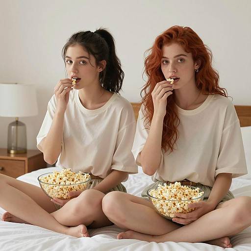 Two Women Eating Popcorn on Bed