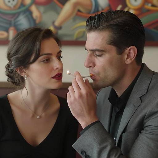 Man Lighting Woman's Cigarette in Restaurant