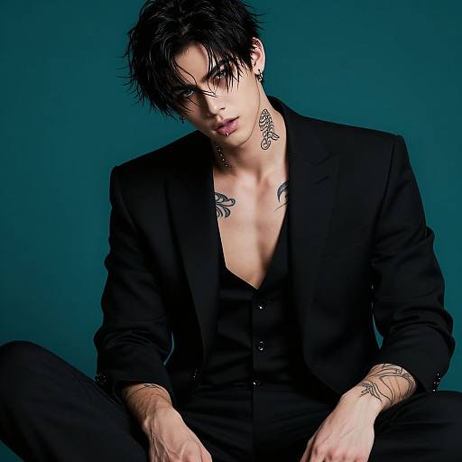 Photograph of a pale, tattooed young man with black hair, wearing a black suit and shirt, sitting against a teal background. His intense gaze