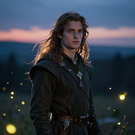 Photograph of a young man with long, wavy brown hair, wearing a dark, detailed medieval-style outfit, standing in a twilight field with glowing