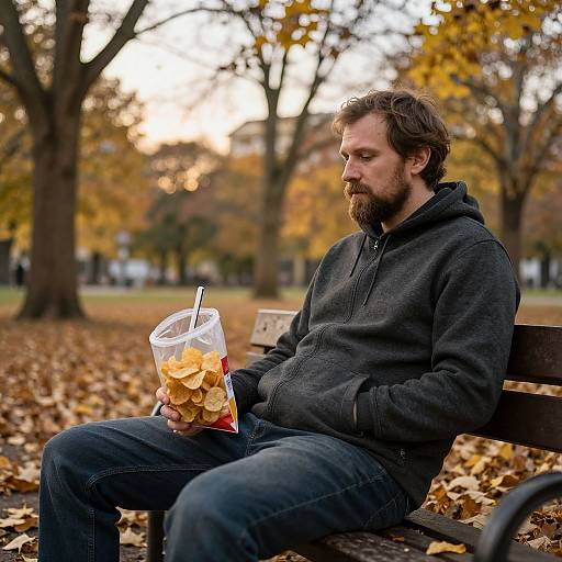 Man Relaxing with Chips in Autumn Park