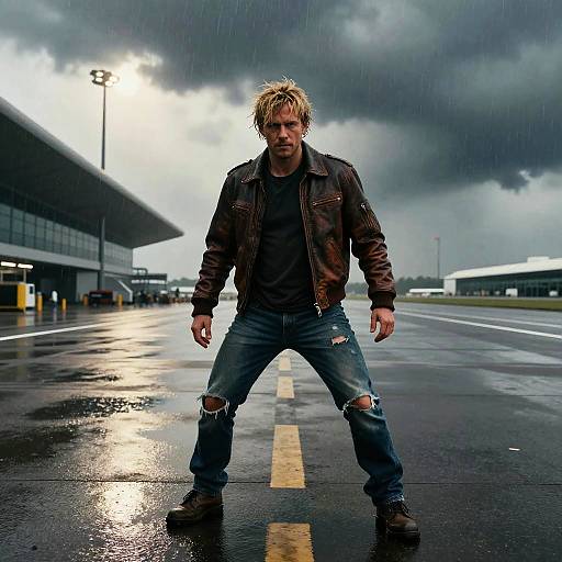 Man in Leather Jacket on Rainy Airport Runway