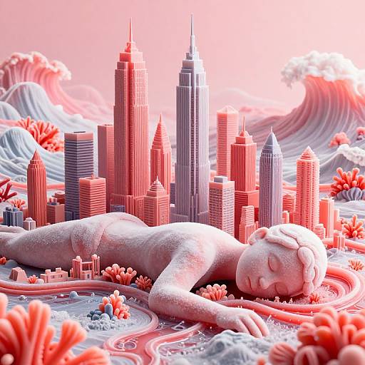 Digital artwork of a pink-toned sleeping statue amidst a surreal cityscape with red skyscrapers, ocean waves, and abstract flora.