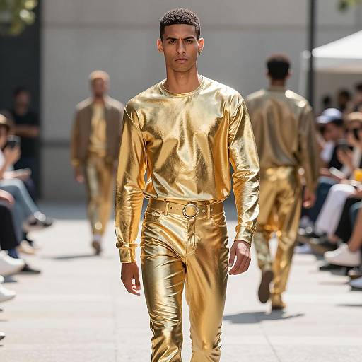 Male Model in Shiny Gold Outfit on Urban Runway