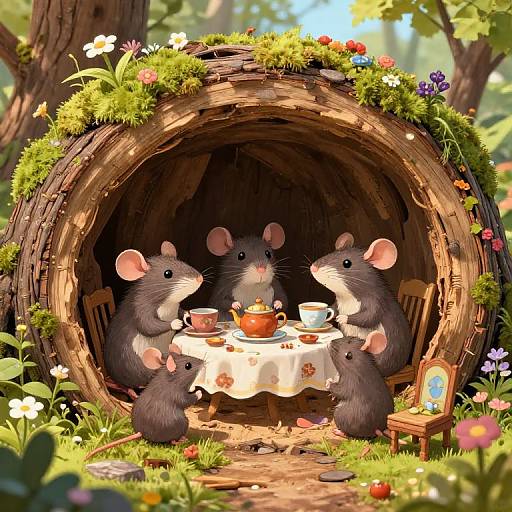 Whimsical illustration of four gray mice with pink ears, sitting around a small table in a wooden hollow, enjoying tea and cake amidst a sunny,