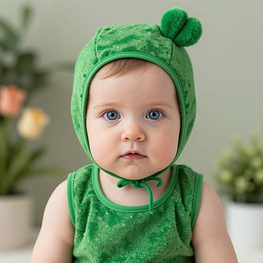Photograph of a baby with blue eyes wearing a green frog-themed hat and matching sleeveless top, set against a blurred indoor background with plants.