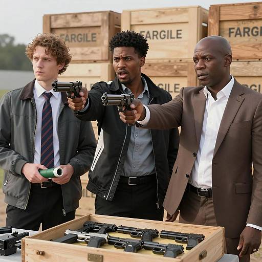 Three Men Engaged in Outdoor Action Scene