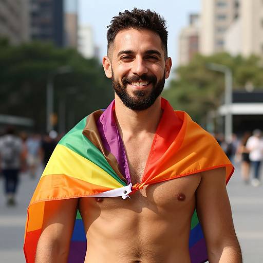 Photograph of a smiling, bearded, shirtless man with a dark complexion and short, spiked hair, wearing a rainbow flag draped over his shoulders