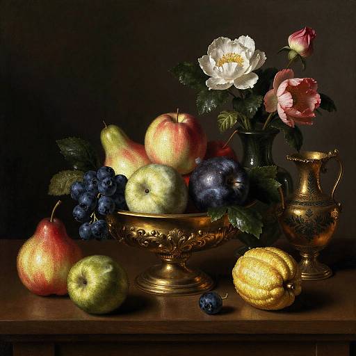 Photograph of a classic still life: golden bowl with apples, pears, blueberries, black grapes, white and pink flowers, golden pitcher,