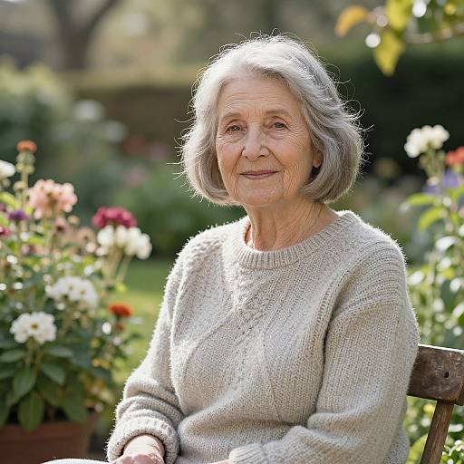 Photograph of an elderly woman with short gray hair, wearing a light beige knitted sweater, seated outdoors in a sunlit garden filled with blooming