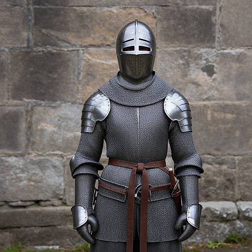 Photograph of a medieval knight in full black steel armor with a silver helmet and cross-shaped faceplate, standing against a textured stone wall.