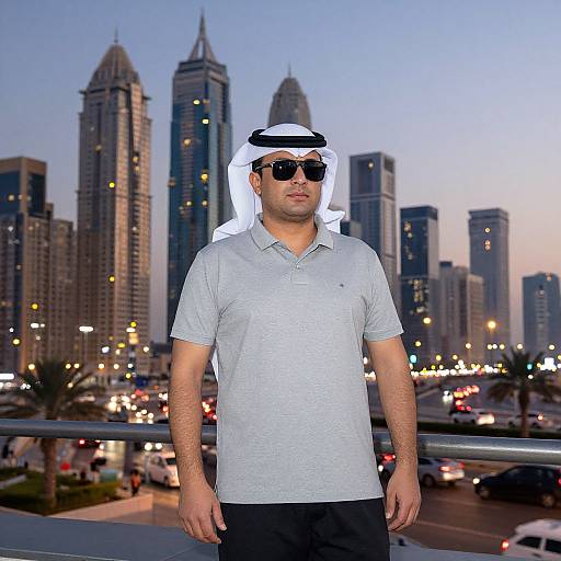 Photograph of a Middle Eastern man in a white polo, black sunglasses, and white ghutra, standing against a dusk skyline of Dubai's skyscrap