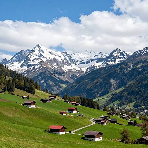 Photograph of a picturesque alpine village with red-roofed houses on green hills, surrounded by snow-capped mountains and a bright blue sky with