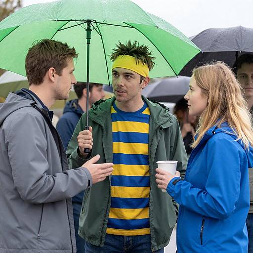 Rainy Outdoor Gathering with Umbrellas