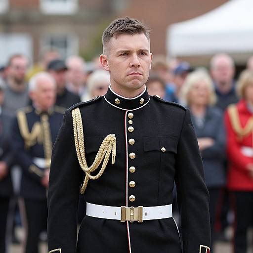 Photograph of a serious-looking young man in a black military uniform with gold epaulets and white belt, standing in front of a blurred crowd