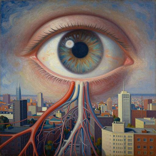 Digital painting of a giant, detailed eyeball with veins extending into a cityscape of skyscrapers and buildings, blending surrealism with urban realism.