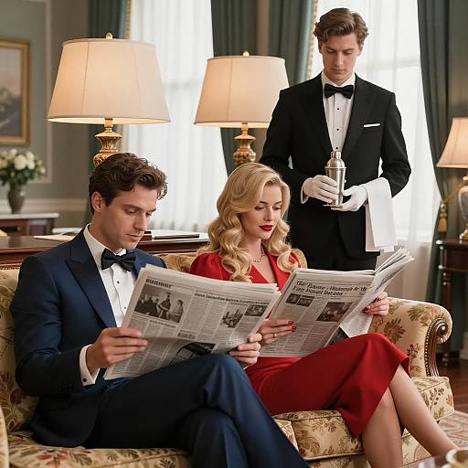 Elegant Couple Reading with Waiter in Luxury Living Room