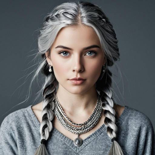 Young Woman with Silver Gray Braids and Jewelry
