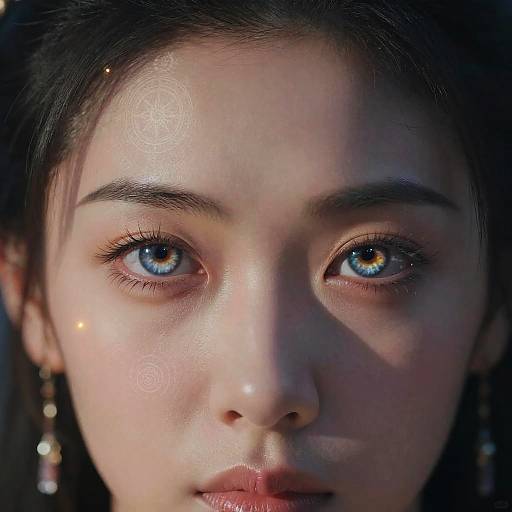 Close-up photograph of a young woman with striking blue and brown heterochromatic eyes, fair skin, dark hair, and subtle digital swirl patterns on her