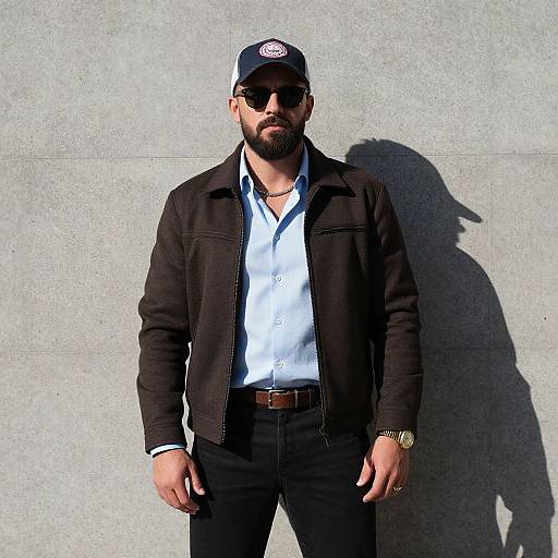 Photograph of a bearded man with sunglasses, black jacket, white shirt, black pants, baseball cap, and gold watch, standing against a sun