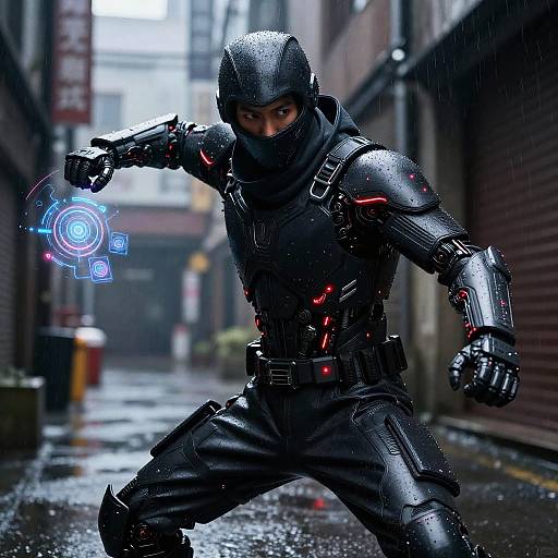 Photorealistic CGI of a masked, black-clad, futuristic soldier with glowing blue holographic interface, crouching in a rainy, urban alley
