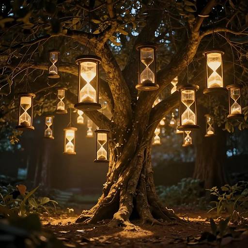Photograph of a tree at night, adorned with hanging glass lanterns containing glowing hourglasses, casting warm light in a dark forest.