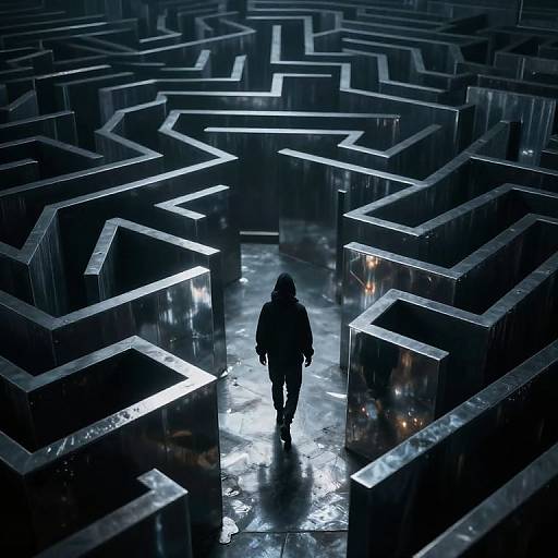 Photograph of a lone silhouetted figure walking through a maze of reflective, metallic, jagged-edged structures under blue lighting.