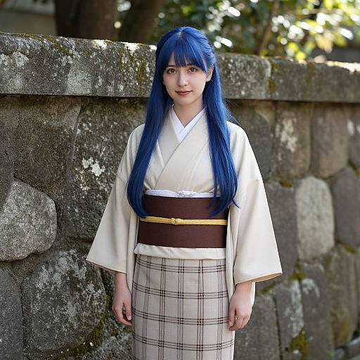 Photograph of an Asian woman with long blue hair, wearing a white kimono with brown and gold obi, and plaid hakama, standing