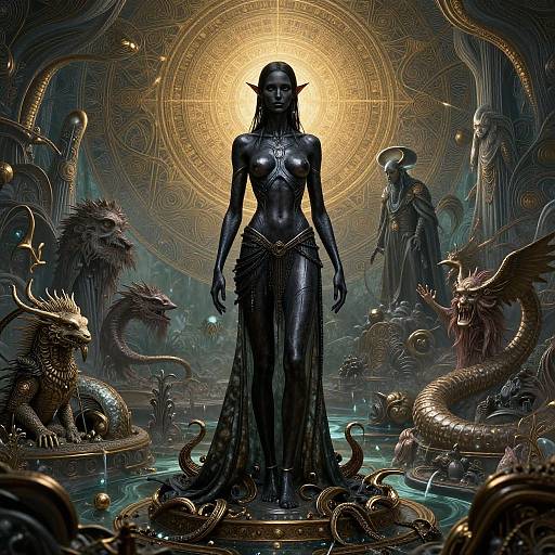 Digital fantasy artwork: Black-skinned, elven woman with long hair and pointed ears, wearing a revealing black dress, stands center, surrounded by golden