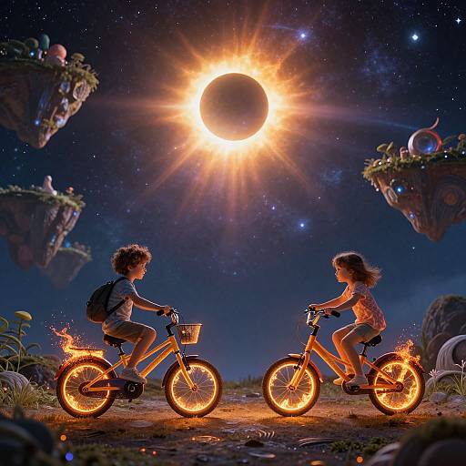 Children Biking Through Cosmic Dreamscape