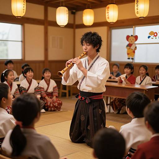 Photograph of a young Japanese man playing a shamisen in a traditional wooden room, surrounded by seated students in white kimonos. Warm paper lantern