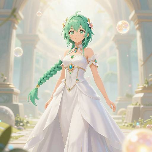 Emerald-Haired Anime Girl in Fantasy