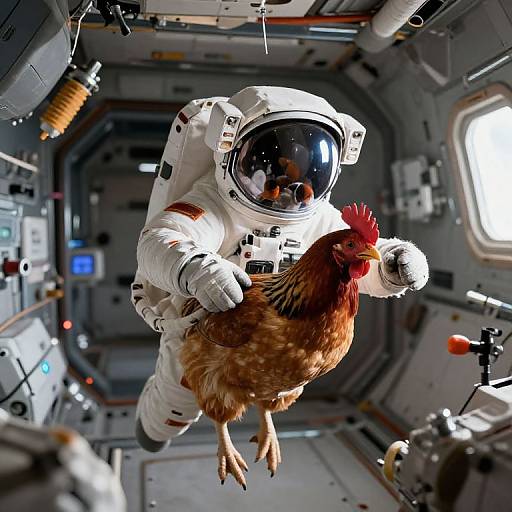 Astronaut Chicken Drifting in Space Station