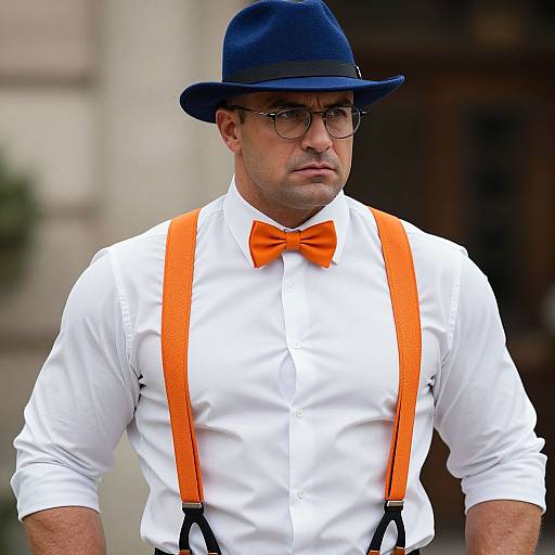 Photograph of a middle-aged man in a white shirt, orange bow tie, orange suspenders, black bowler hat, and glasses, standing outdoors