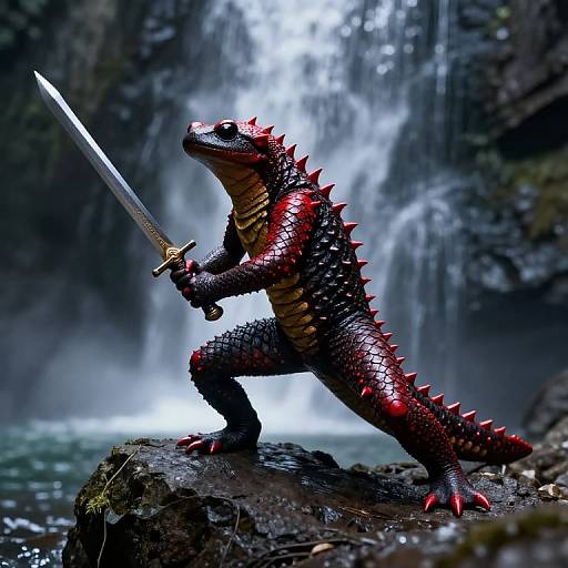 Digital artwork of a red-scaled, spiked lizard warrior with a sword, standing on a rock in front of a cascading waterfall.