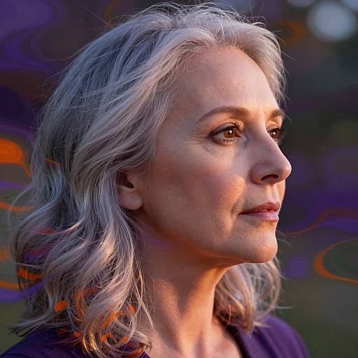 Photograph of a middle-aged woman with silver-gray wavy hair, fair skin, and brown eyes, gazing to the right, illuminated by warm